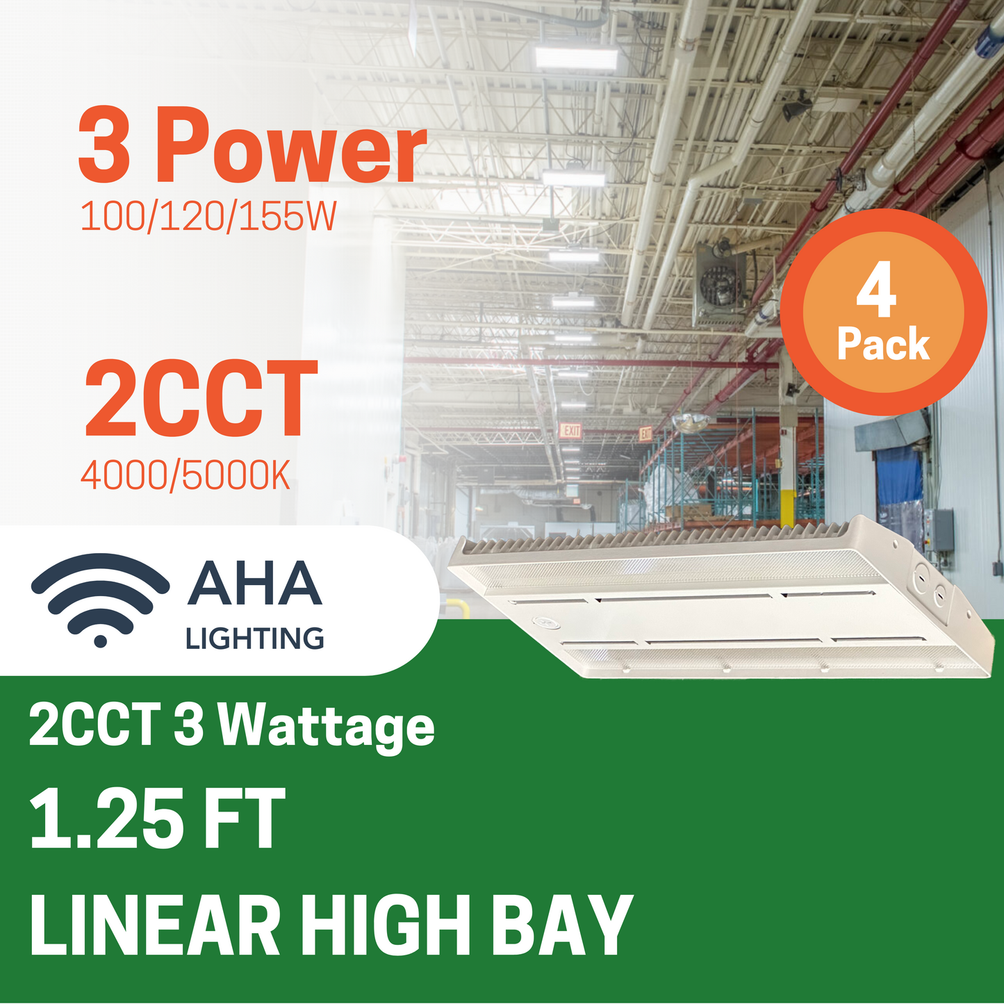 4 PACK 155W 1.25FT LINEAR HIGH BAY LED SHOP LIGHTS, 2CCT&3 WATTAGE TUNABLE 100W/120W/155W - AHA Lighting LED