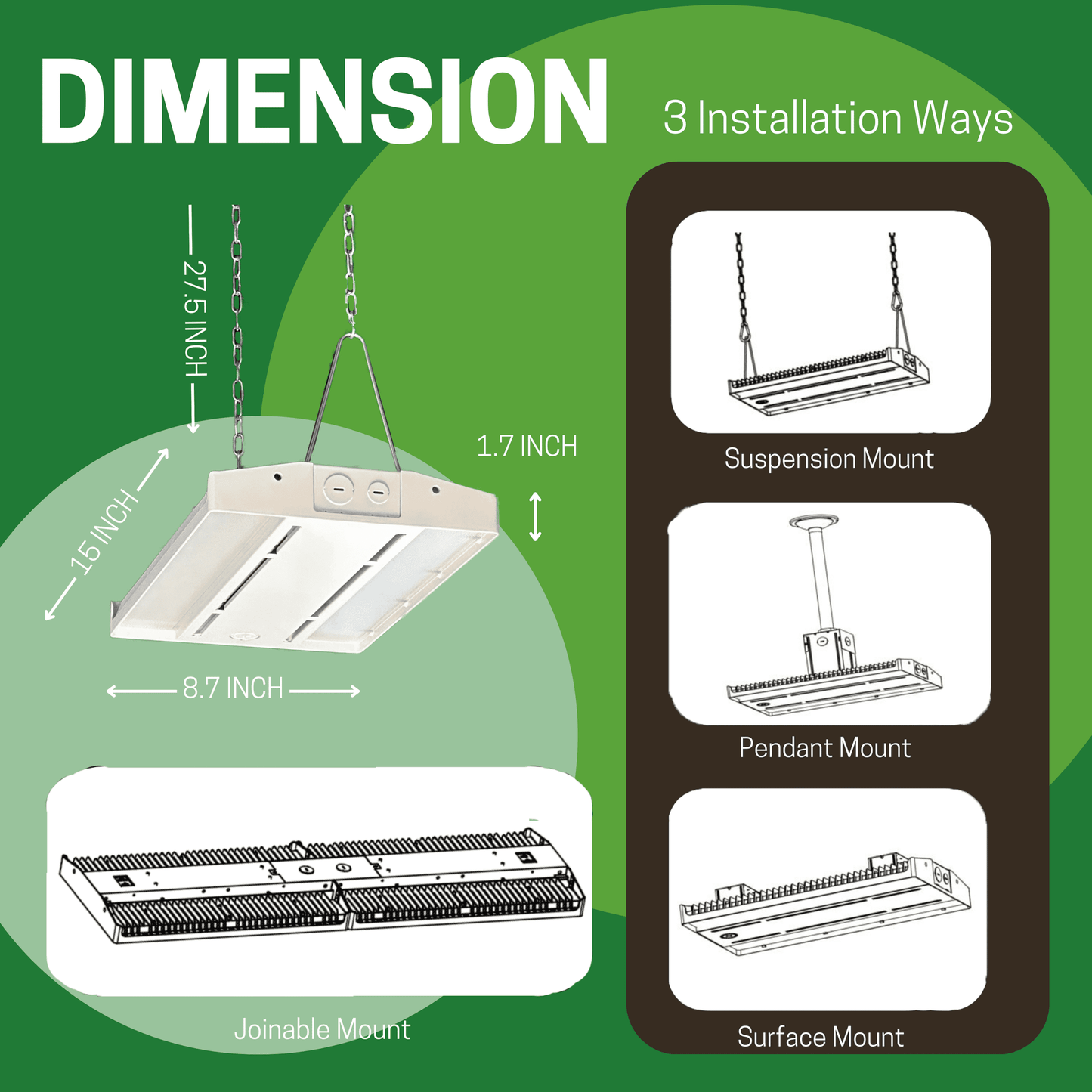 4 Pack 155W 1.25ft Linear High Bay Led Shop Lights, 2CCT&3 Wattage Tunable 100w/120w/155w – Dimensions and Mounting Specs