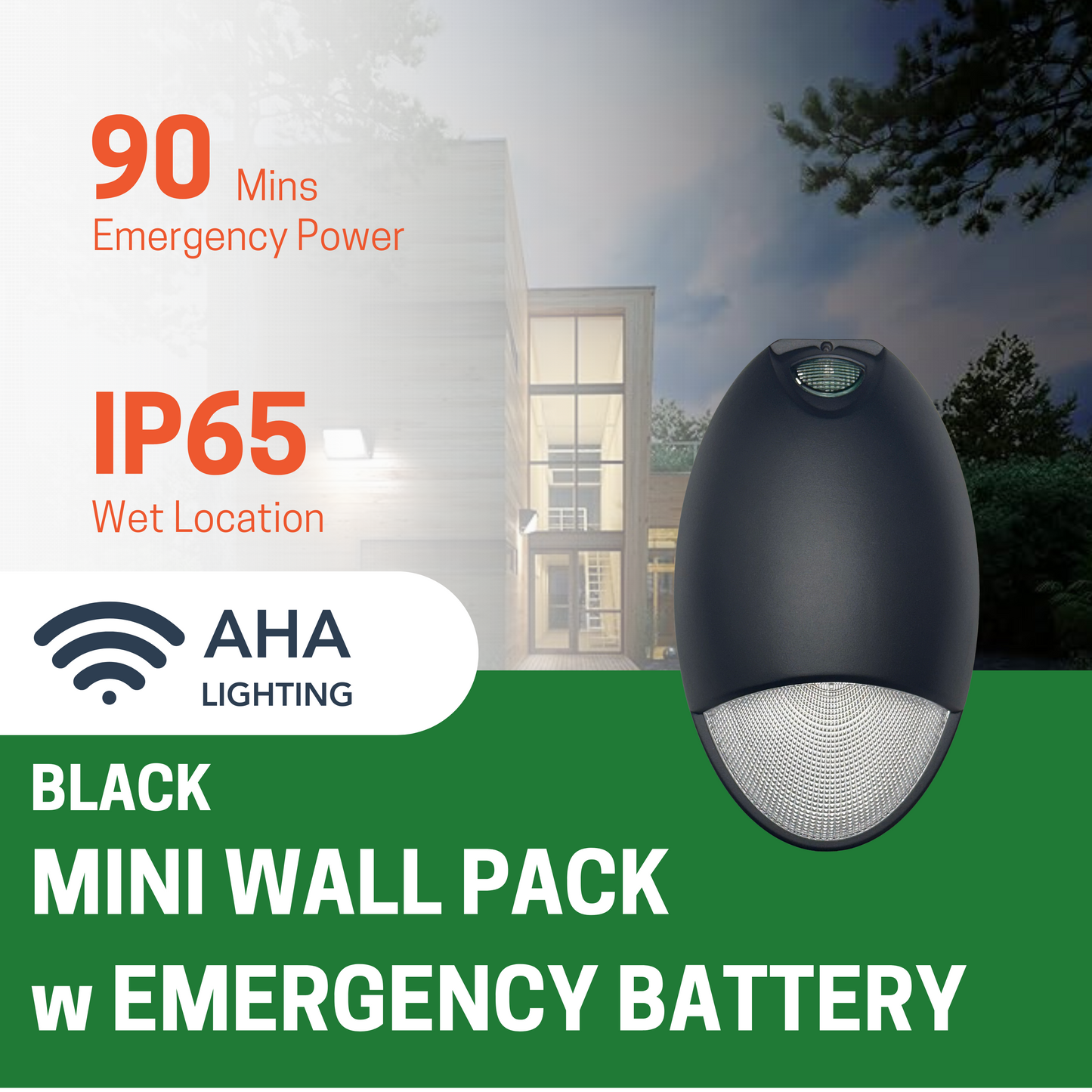 12W LED MINI WALL PACK, 5000K CCT, INTEGRATED PHOTOCELL, EMERGENCY BATTERY BACKUP, BLACK - AHA Lighting LED