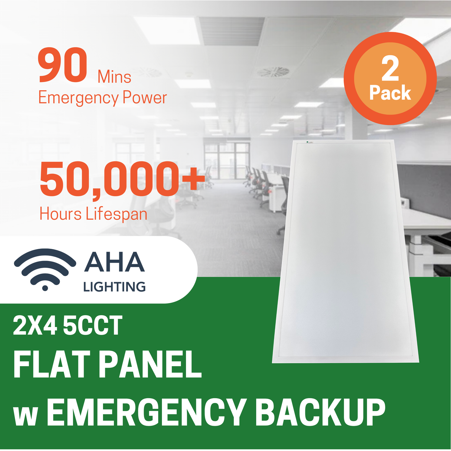 2 PACK 2X4 LED PANEL LIGHT WITH PRE-WIRED EMERGENCY BATTERY BACKUP WATTAGE & CCT TUNABLE - AHA Lighting LED