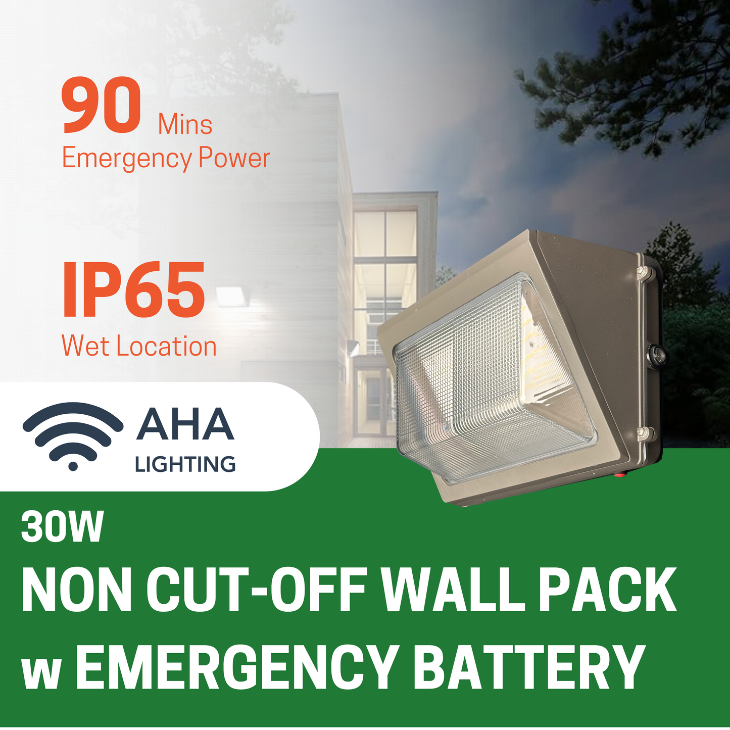 30W NON CUTOFF LED WALL PACK, 3000K/4000K/5000K CCT TUNABLE, INTEGRATED PHOTOCELL, 4W EMERGENCY BATTERY BACKUP, BRONZE - AHA Lighting LED