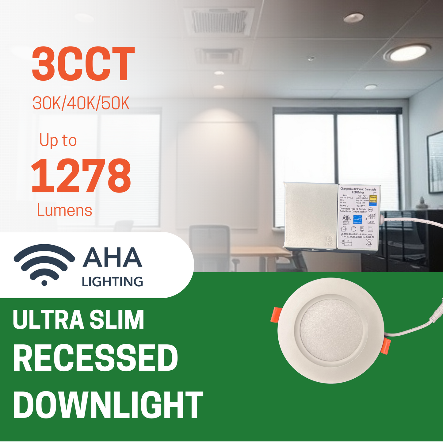 4" 9W ULTRA SLIM LED DOWNLIGHT, 3000K/4000K/5000K CCT TUNABLE, 630 LUMENS, 120-270V - AHA Lighting LED