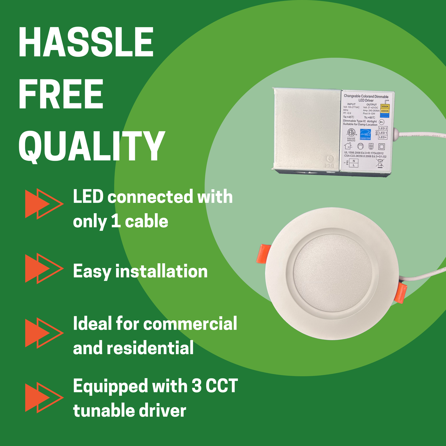 4" 9W ULTRA SLIM LED DOWNLIGHT, 3000K/4000K/5000K CCT TUNABLE, 630 LUMENS, 120-270V - AHA Lighting LED