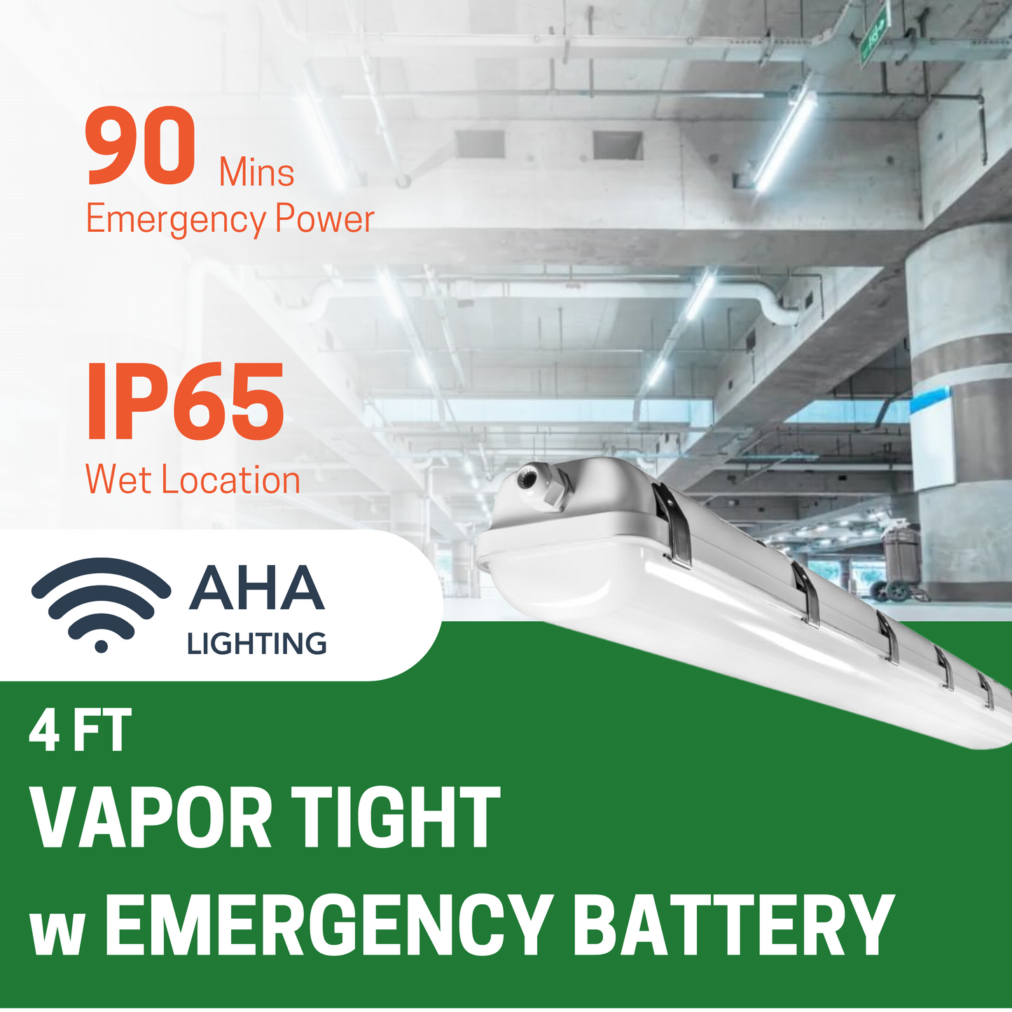 4FT LED 50W VAPOR TIGHT WITH EMERGENCY BATTERY BACK UP CCT TUNABLE, 3500K-4000K-5000K TUNABLE WITH 10W BATTERY FOR 90 MINS - AHA Lighting LED