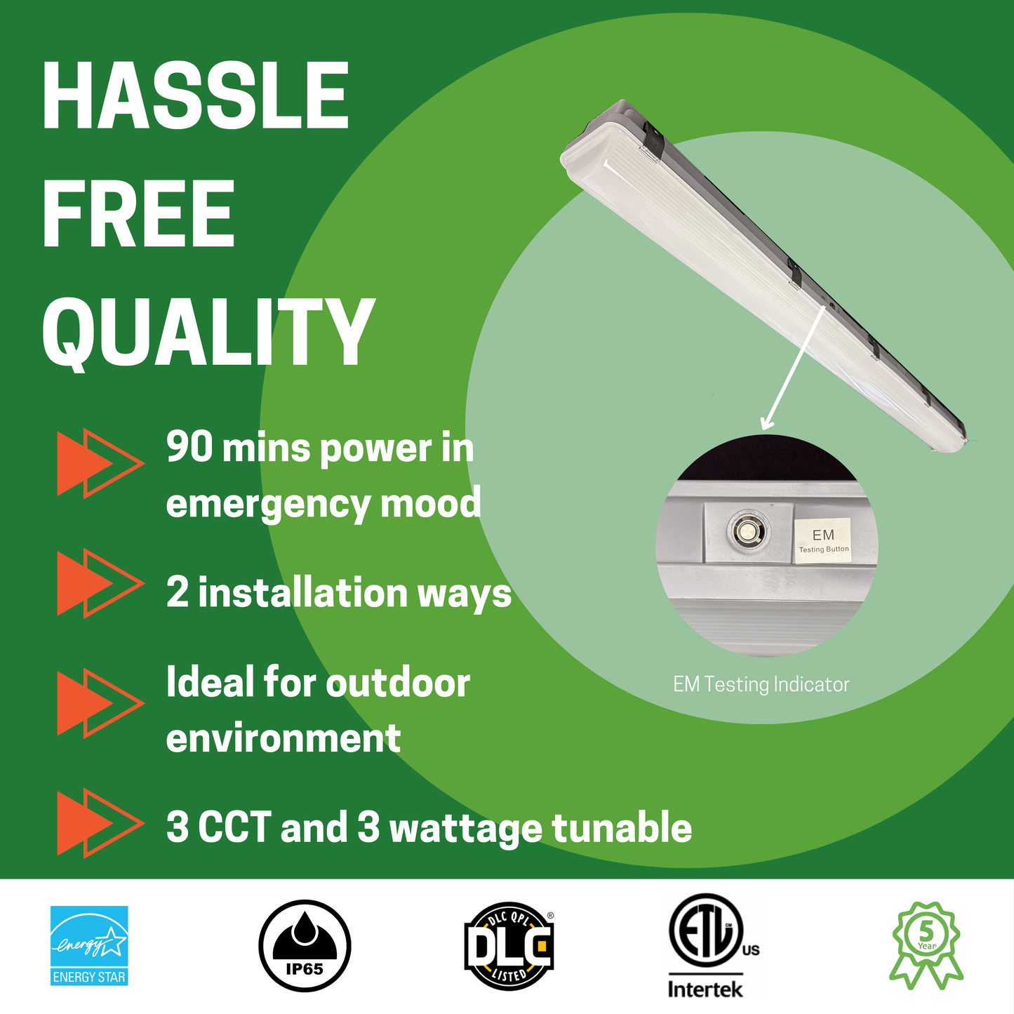 4FT LED 50W VAPOR TIGHT WITH EMERGENCY BATTERY BACK UP CCT TUNABLE, 3500K-4000K-5000K TUNABLE WITH 10W BATTERY FOR 90 MINS - AHA Lighting LED