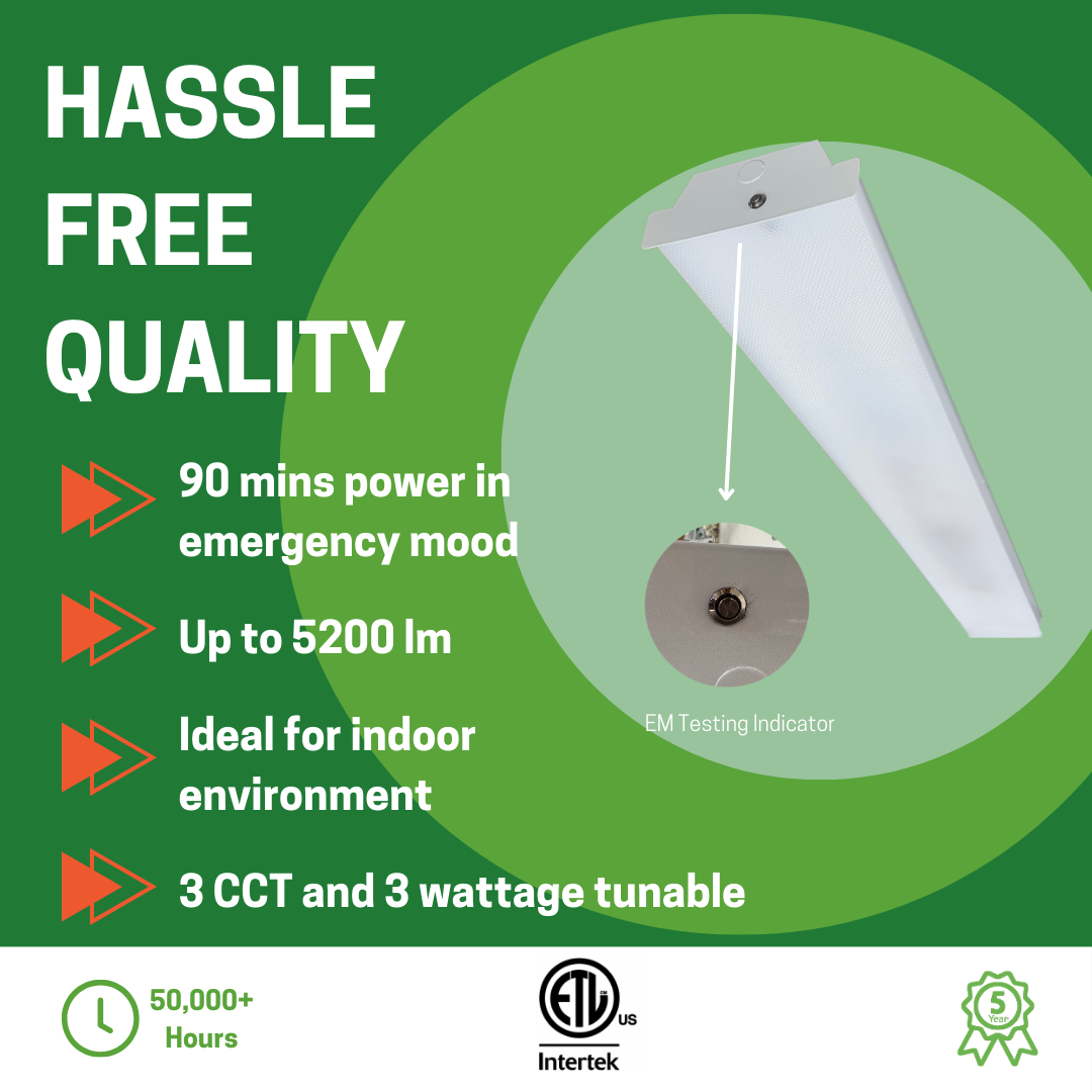 4FT WRAPAROUND SHOP LIGHT WITH EMERGENCY BATTERY BACKUP 10W FOR 90 MINS CCT AND WATTAGE TUNABLE 120-277V - AHA Lighting LED
