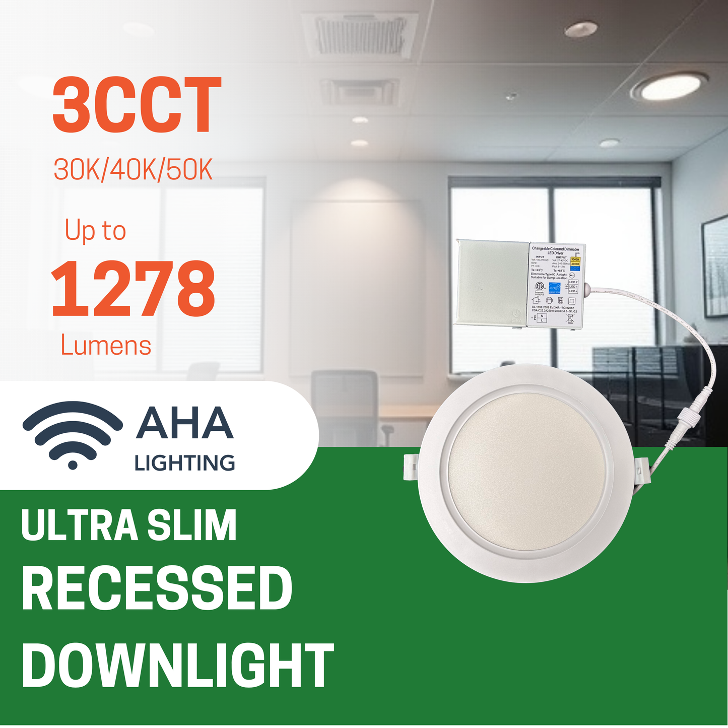 6" 16W ULTRA SLIM LED DOWNLIGHT, 3000K/4000K/5000K CCT TUNABLE, 1,120 LUMENS, 120-270V - AHA Lighting LED
