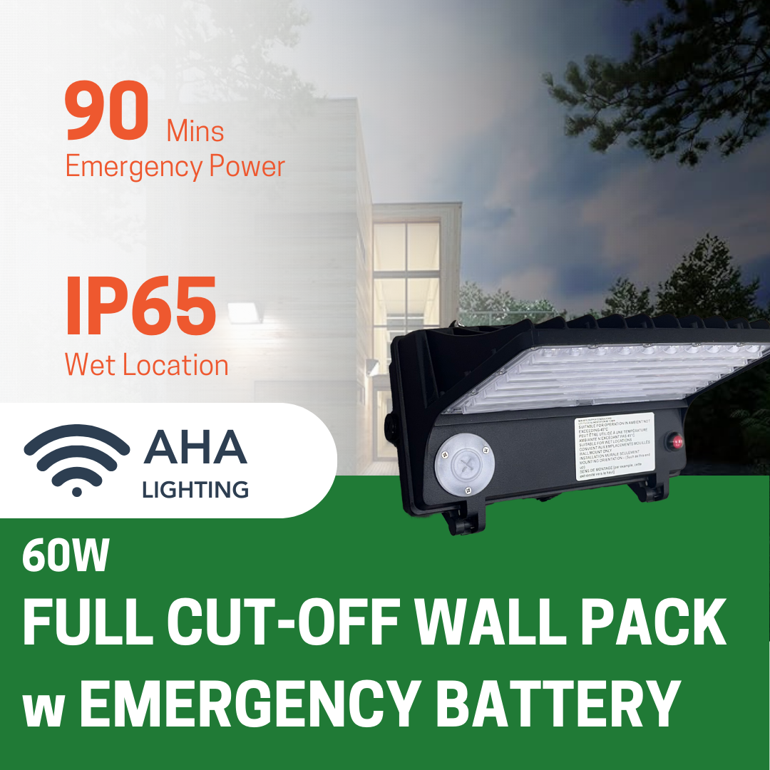 60W FULL CUTOFF WALL PACK, 5000K CCT, INTEGRATED PHOTOCELL, EMERGENCY BATTERY BACKUP, MOTION SENSOR - AHA Lighting LED