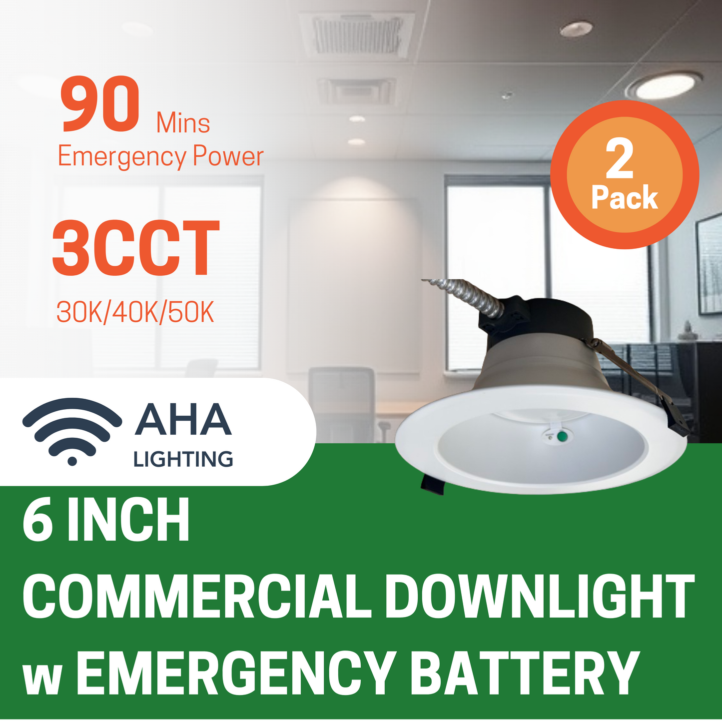 6" 8W/12W/16W WATTAGE TUNABLE COMMERCIAL LED DOWNLIGHT, 3000K/4000K/5000K CCT TUNABLE, 15W EMERGENCY BATTERY BACKUP, 800-1600LM, 120-277V (2-PACK) - AHA Lighting LED