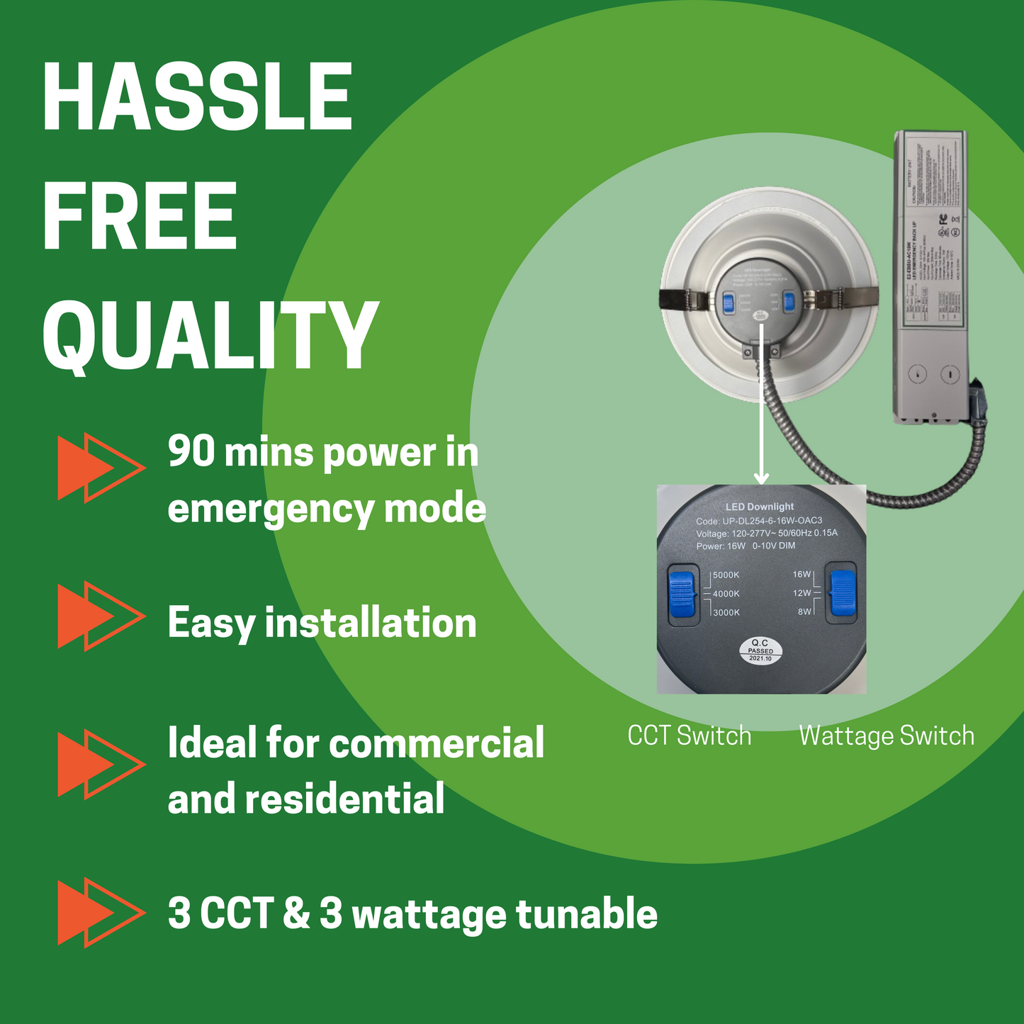 6" 8W/12W/16W WATTAGE TUNABLE COMMERCIAL LED DOWNLIGHT, 3000K/4000K/5000K CCT TUNABLE, 15W EMERGENCY BATTERY BACKUP, 800-1600LM, 120-277V (2-PACK) - AHA Lighting LED