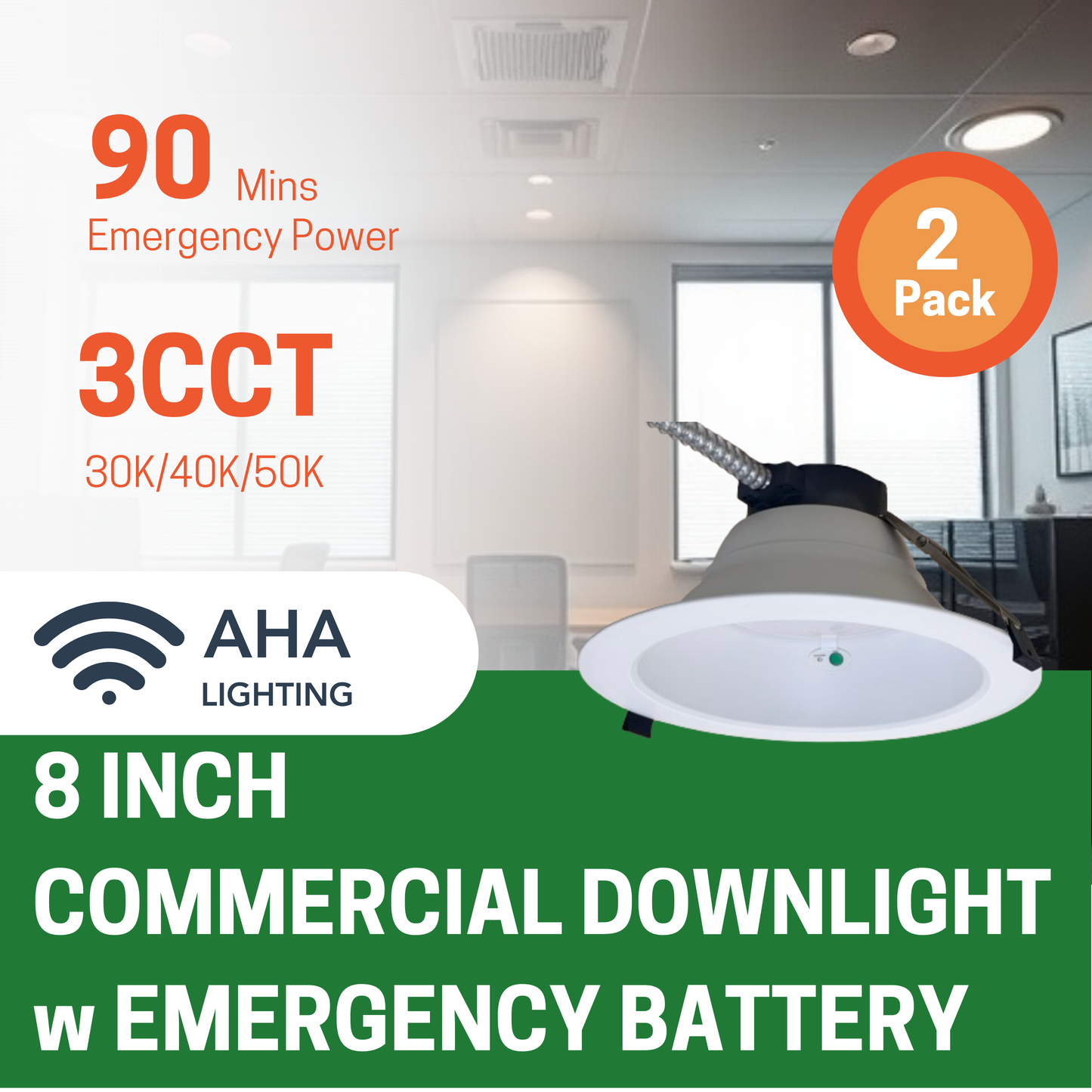 8" 12W/16W/22W WATTAGE TUNABLE COMMERCIAL LED DOWNLIGHT, 3000K/4000K/5000K CCT TUNABLE, 15W EMERGENCY BATTERY BACKUP, 1200-2200LM, 120-277V (2-PACK) - AHA Lighting LED
