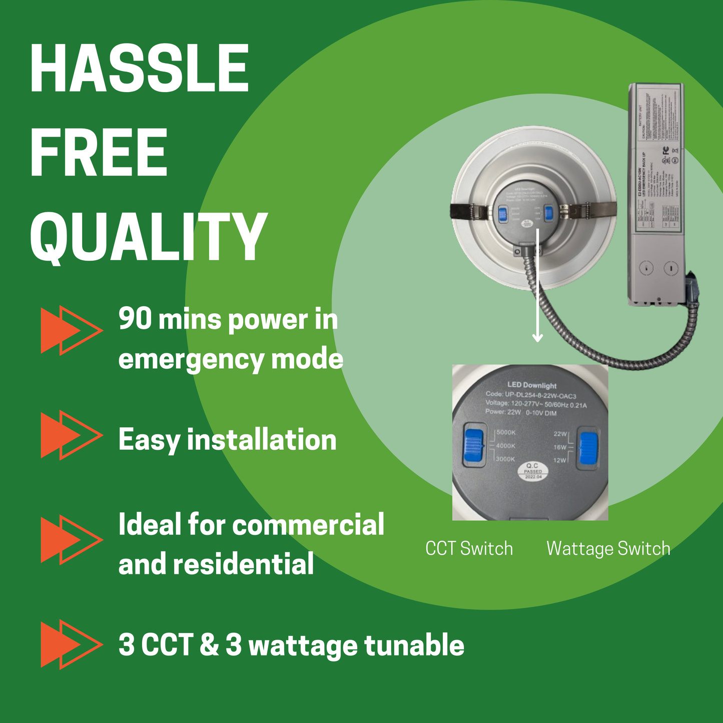 8" 12W/16W/22W WATTAGE TUNABLE COMMERCIAL LED DOWNLIGHT, 3000K/4000K/5000K CCT TUNABLE, 15W EMERGENCY BATTERY BACKUP, 1200-2200LM, 120-277V (2-PACK) - AHA Lighting LED