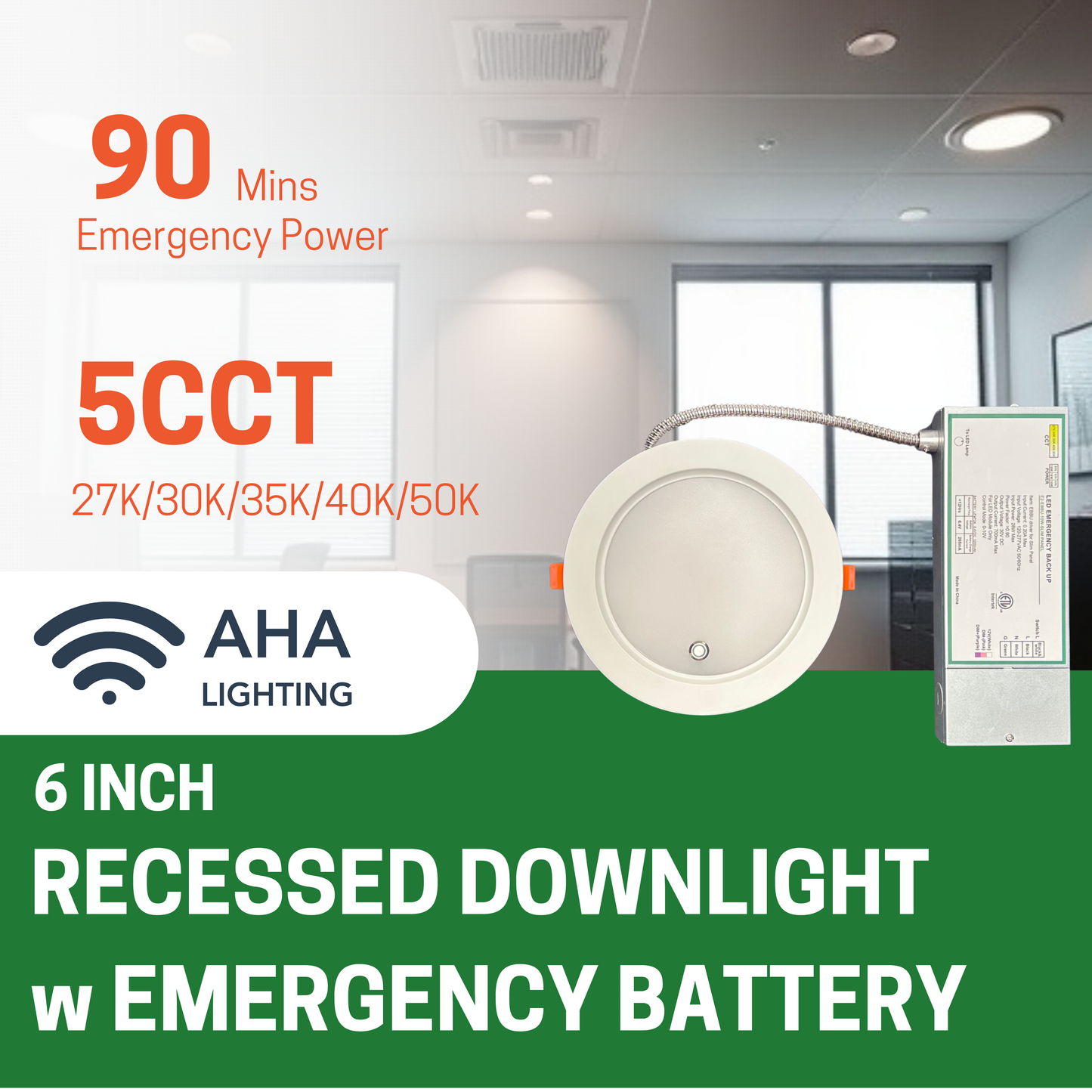 6" 16W ULTRA SLIM LED DOWNLIGHT, 2700K/3000K/3500K/4000K/5000K CCT TUNABLE, 10W EMERGENCY BATTERY BACKUP, 100-277V (2-PACK) - AHA Lighting LED