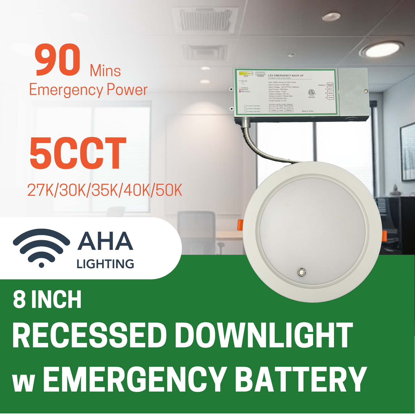 8" 18W ULTRA SLIM LED DOWNLIGHT, 2700K/3000K/3500K/4000K/5000K CCT TUNABLE, 10W EMERGENCY BATTERY BACKUP, 100-277V (2-PACK) - AHA Lighting LED