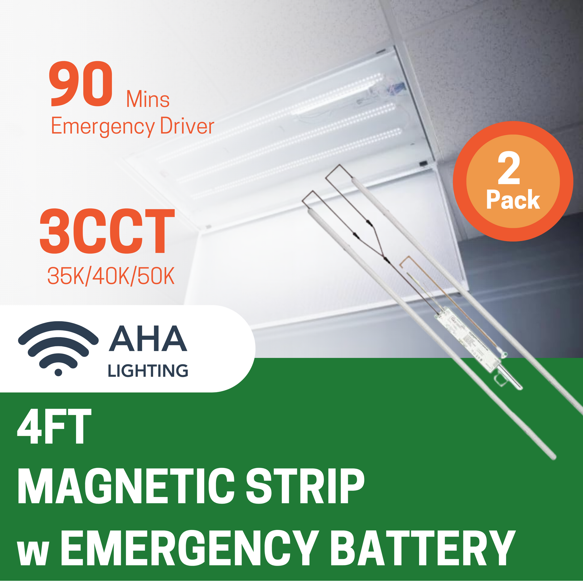 2 PACK 4FT MAGNETIC STRIP SHOP LIGHT WITH EMERGENCY BATTERY BACKUP 10W FOR 90 MINS CCT AND WATTAGE TUNABLE 120-277V - AHA Lighting LED