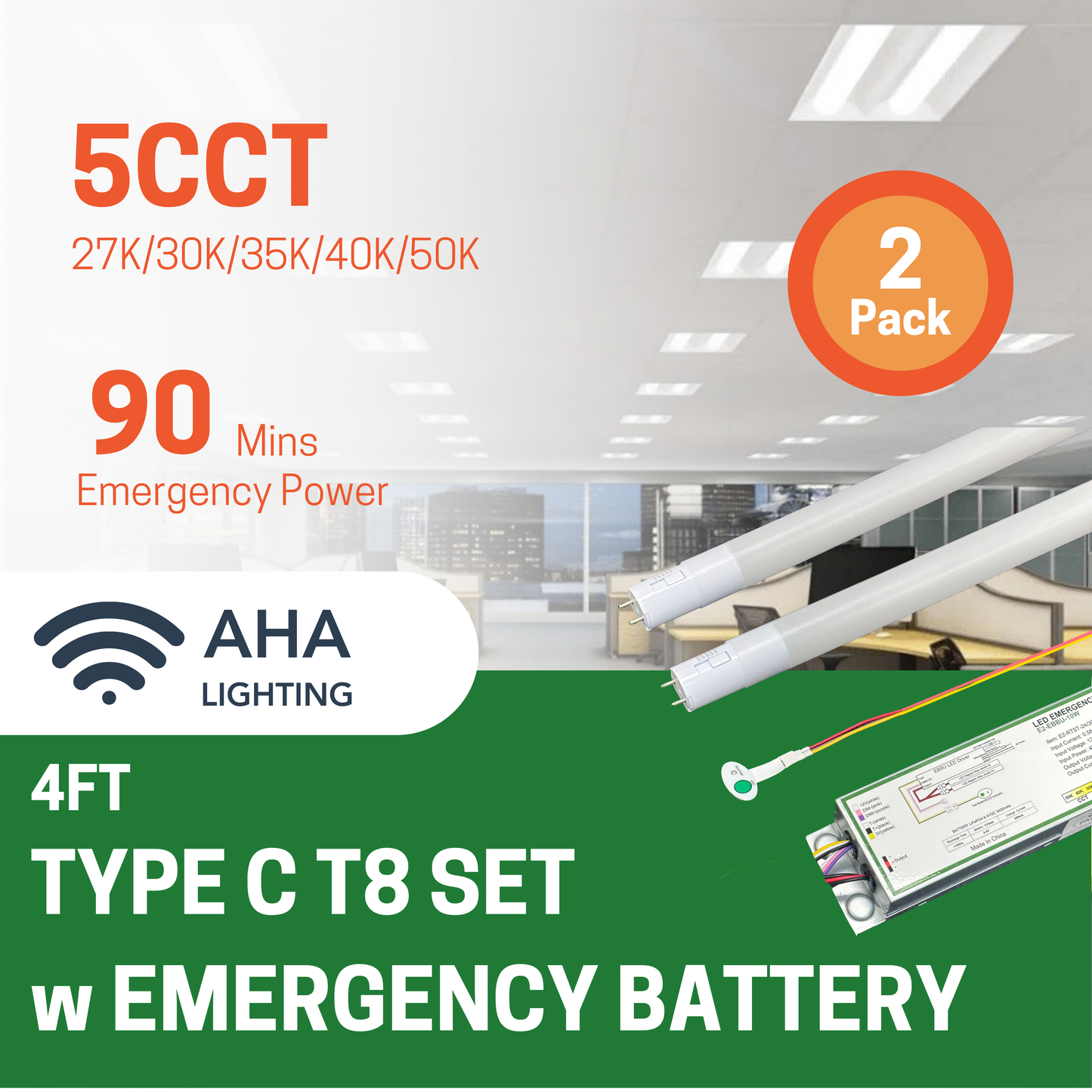 2 Pack 4ft Type C T8 Tube Light Kit With Emergency Battery Driver, 2 Tube&1 Driver, 90 Min Backup Power - AHA Lighting LED