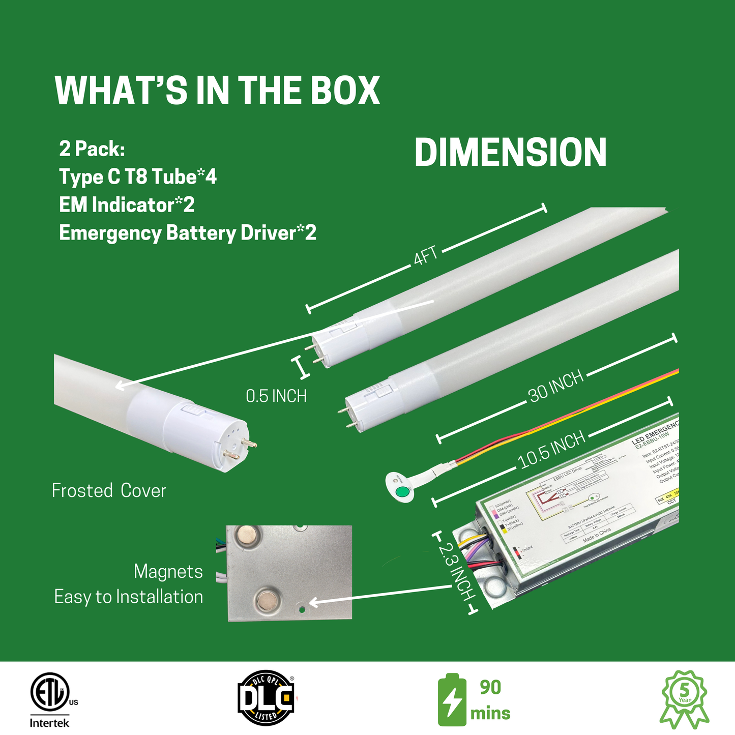 2 Pack 4ft Type C T8 Tube Light Kit With Emergency Battery Driver, 2 Tube&1 Driver, 90 Min Backup Power - AHA Lighting LED