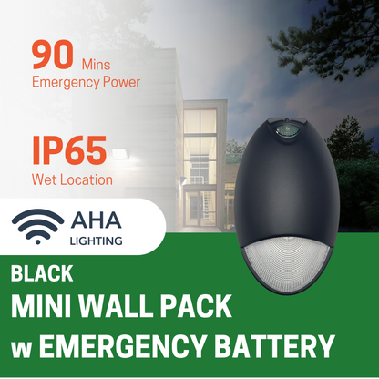 12W LED MINI WALL PACK, 5000K CCT, INTEGRATED PHOTOCELL, EMERGENCY BATTERY BACKUP, BLACK - AHA Lighting LED