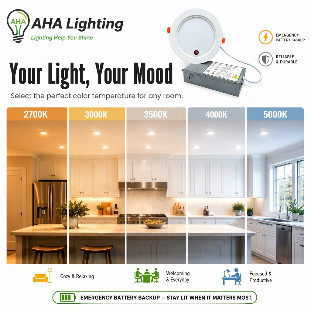 AHA Lighting 6” Down Light with Emergency Battery Backup 1200Lm 100-277V Triac Dimming 2700-5000K 5X CCT Tunable