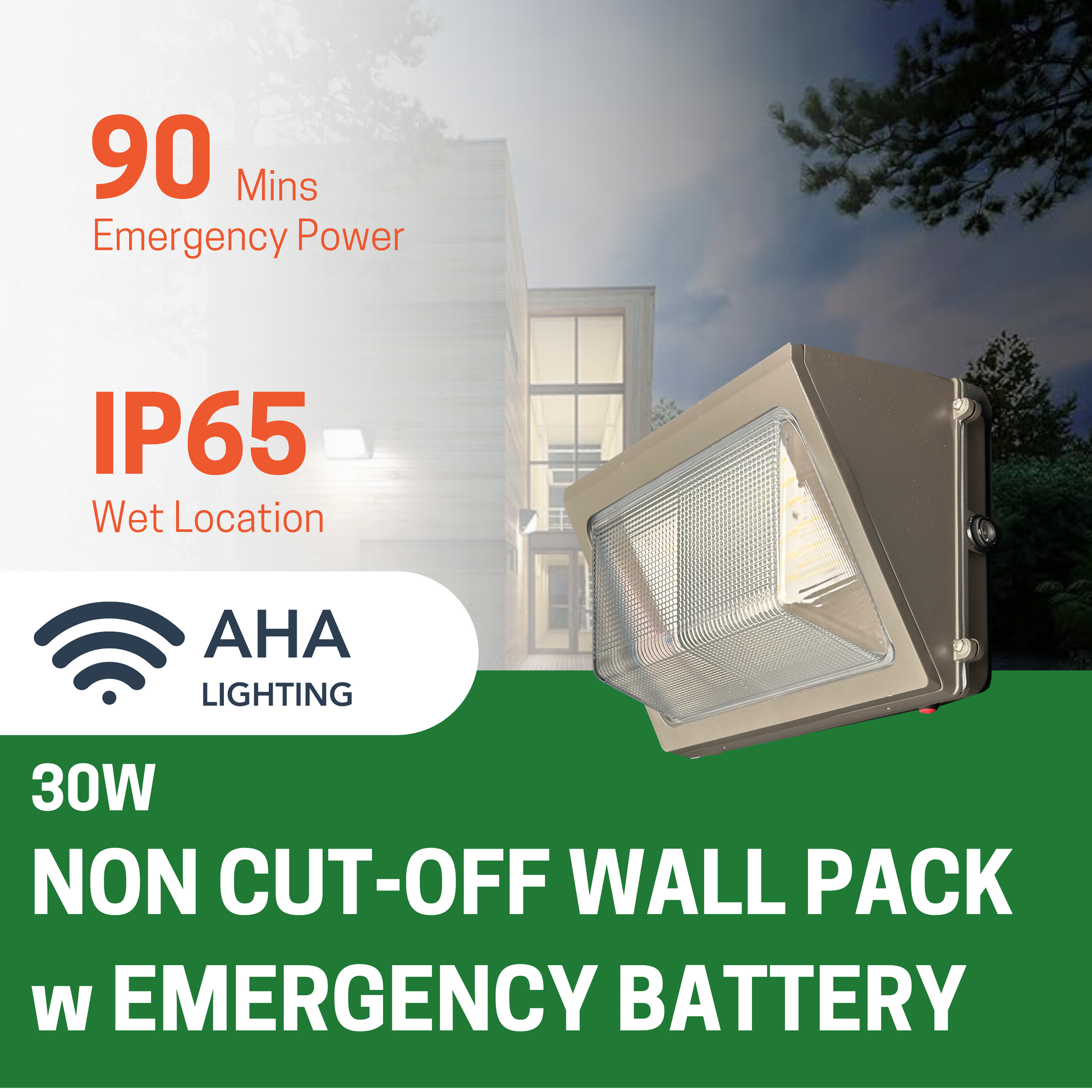 30W NON CUTOFF LED WALL PACK, 3000K/4000K/5000K CCT TUNABLE, INTEGRATED PHOTOCELL, 4W EMERGENCY BATTERY BACKUP, BRONZE - AHA Lighting LED