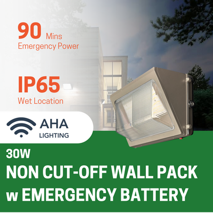 30W NON CUTOFF LED WALL PACK, 3000K/4000K/5000K CCT TUNABLE, INTEGRATED PHOTOCELL, 4W EMERGENCY BATTERY BACKUP, BRONZE - AHA Lighting LED