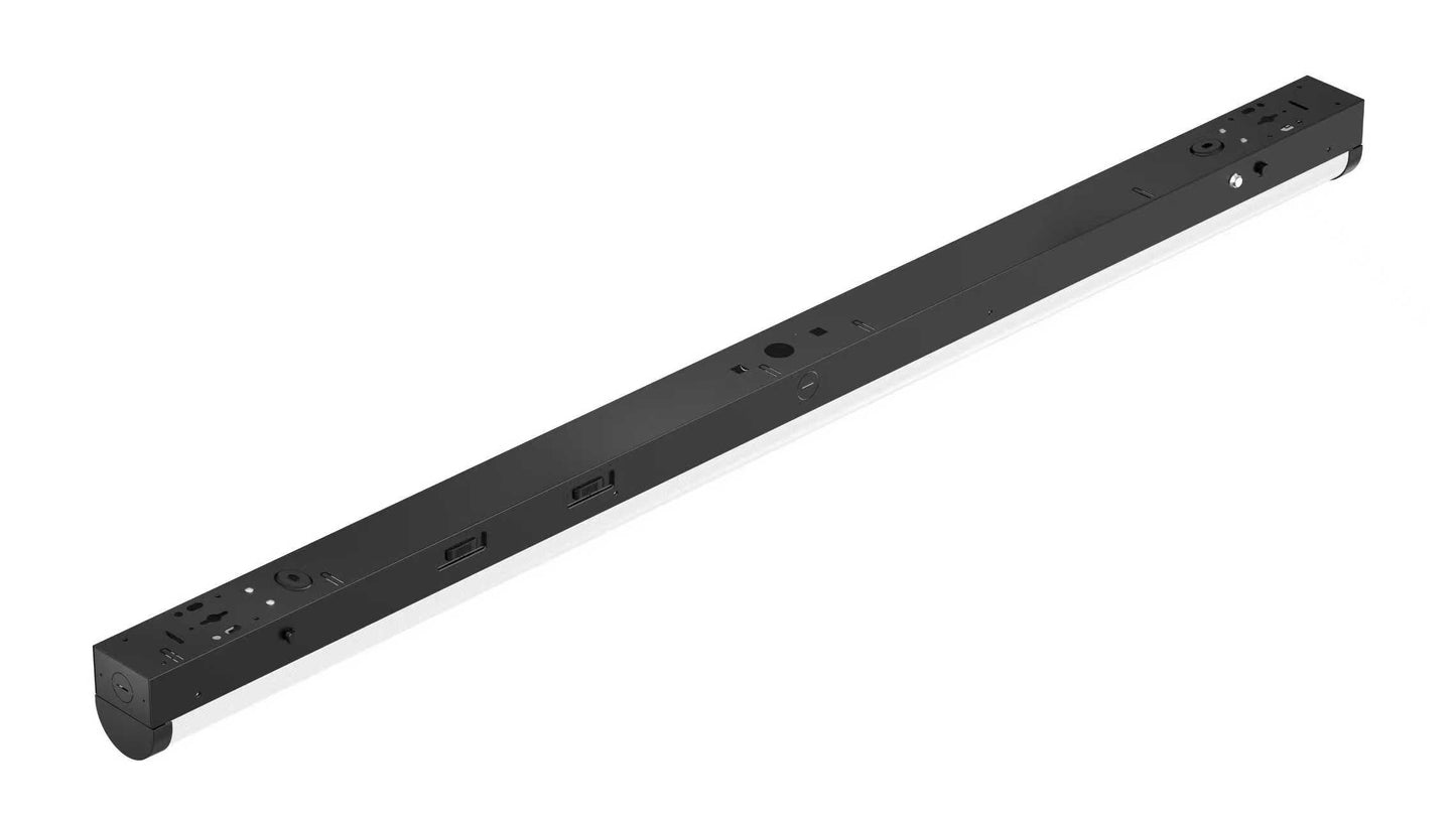 4ft black LED linear strip with 90-minute emergency battery, 20–40W selectable, 5CCT, 120–277V (hero view)