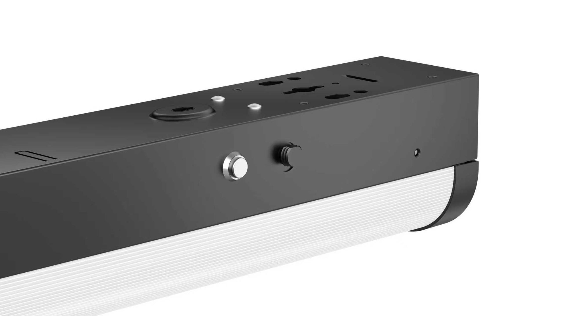 4ft black LED linear strip, angled view showing housing and lens; EM 90-min, 20–40W, 5CCT, 120–277V