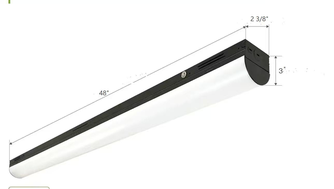 4ft black LED linear strip, rear or wiring-side detail; EM 90-min, 20–40W, 5CCT, 120–277V