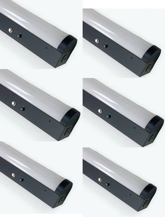 Case of 6 — 4ft black LED linear strips with 90-minute emergency battery, 20–40W selectable, 5CCT, 120–277V