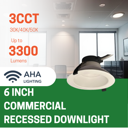 6" 16W COMMERCIAL RECESSED DOWNLIGHT WATTAGE TUNABLE 8/12/16W CCT TUNABLE 3000/4000/5000K 0-10V DIMMING 120-277V - AHA Lighting LED