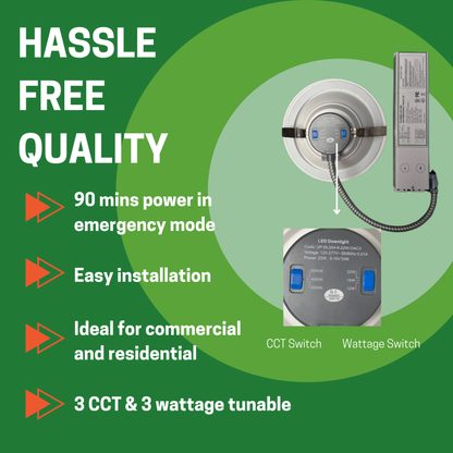 8" 12W/16W/22W WATTAGE TUNABLE COMMERCIAL LED DOWNLIGHT, 3000K/4000K/5000K CCT TUNABLE, 15W EMERGENCY BATTERY BACKUP, 1200-2200LM, 120-277V (2-PACK) - AHA Lighting LED