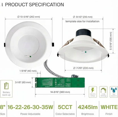 AHA LIGHTING 8" Black Commercial LED Downlight with Emergency Battery Backup | Up to 3,900 Lumens |  Wattage Tunable | 5 CCT Tunable | 120-277V |