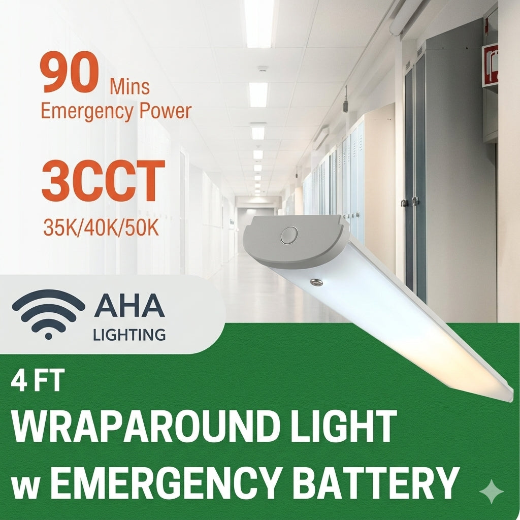 AHA LIGHTING 4ft LED Wraparound Light with Emergency Battery Backup | Up to 5,800 Lumens | 46W | 3 CCT Tunable | 120-277V