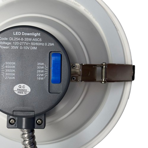 8" 35W Commercial Recessed Downlight 5wattage Tunable 5CCT Tunable 27-50K 0-10V Dimming 120-277V – CCT and Wattage Switch