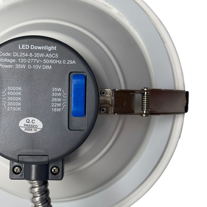 8" 35W Commercial Recessed Downlight 5wattage Tunable 5CCT Tunable 27-50K 0-10V Dimming 120-277V – CCT and Wattage Switch
