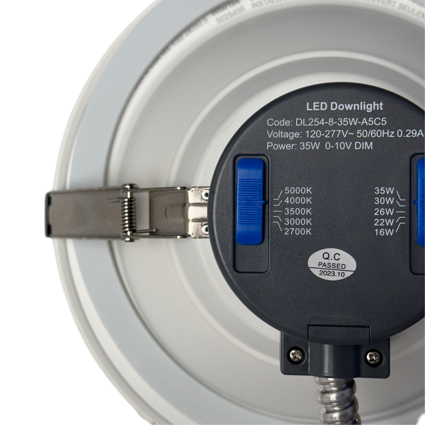 8" 35W Commercial Recessed Downlight 5wattage Tunable 5CCT Tunable 27-50K 0-10V Dimming 120-277V – CCT and Wattage Switch