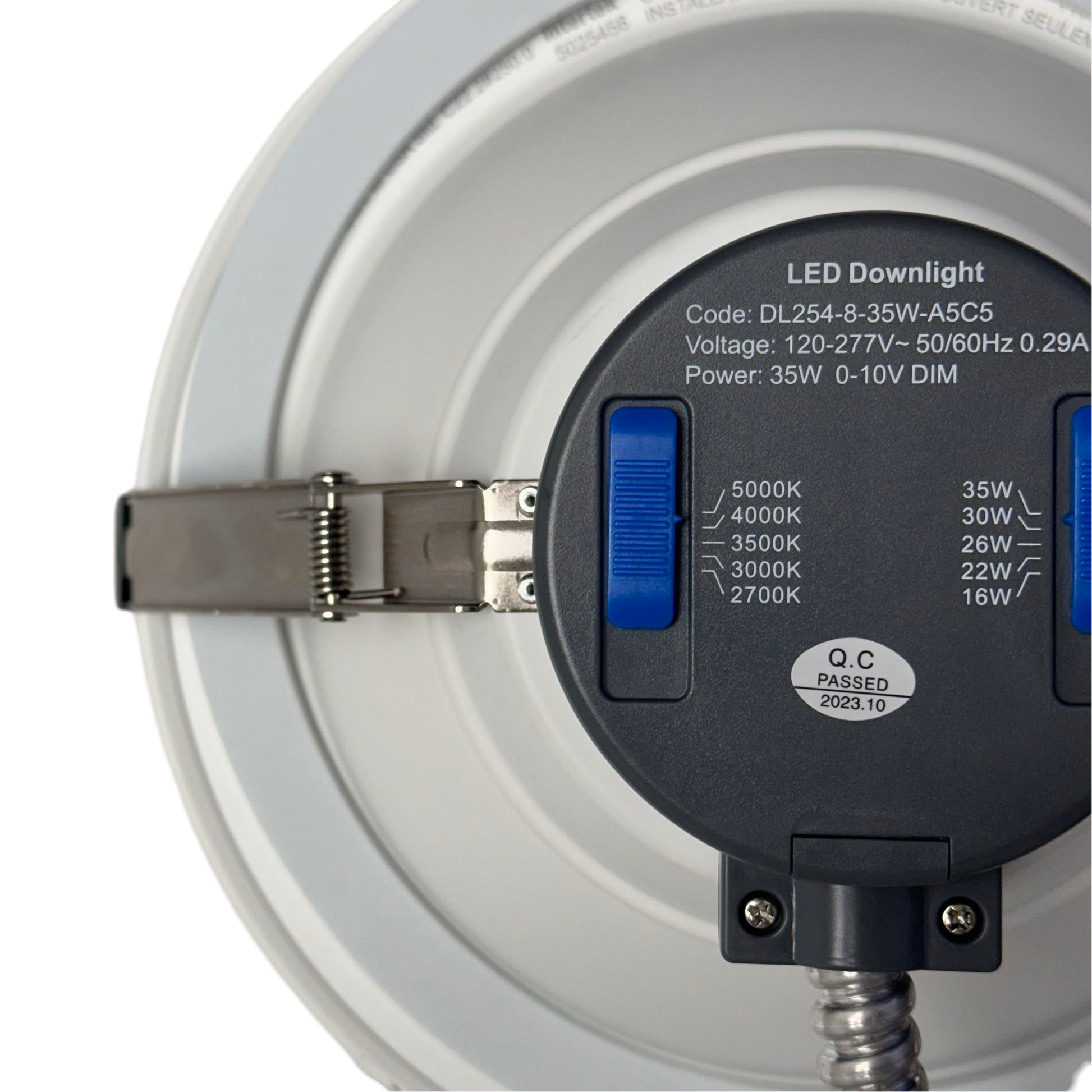 8" 35W Commercial Recessed Downlight 5wattage Tunable 5CCT Tunable 27-50K 0-10V Dimming 120-277V – CCT and Wattage Switch