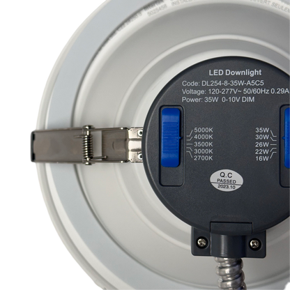 8" 35W Commercial Recessed Downlight 5wattage Tunable 5CCT Tunable 27-50K 0-10V Dimming 120-277V – CCT and Wattage Switch