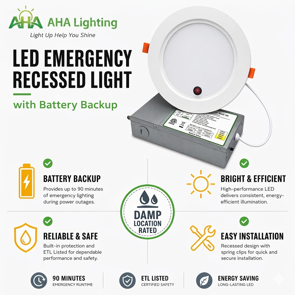AHA Lighting 6” Down Light with Emergency Battery Backup 1200Lm 100-277V Triac Dimming 2700-5000K 5X CCT Tunable