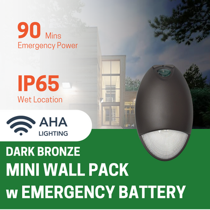 12W LED MINI WALL PACK, 5000K CCT, INTEGRATED PHOTOCELL, EMERGENCY BATTERY BACKUP, DARK BRONZE - AHA Lighting LED