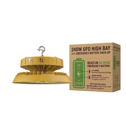 AHA LIGHTING LED UFO High Bay Light with Emergency Battery Backup | 150W/200W/240W Wattage Selectable | 3500K-5000K CCT Tunable | 120-347V |