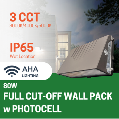 FULL CUTOFF WALL PACK 80W WITH PHOTOCELL SENSOR CCT TUNABLE 3000K/4000K/5000K OUTDOOR FIXTURE - AHA Lighting LED