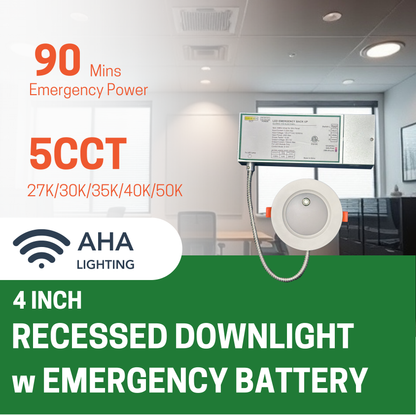 4" 9W ULTRA SLIM LED DOWNLIGHT, 2700K/3000K/3500K/4000K/5000K CCT TUNABLE, 10W EMERGENCY BATTERY BACKUP, 639 LUMENS, 100-270V (2-PACK) - AHA Lighting LED