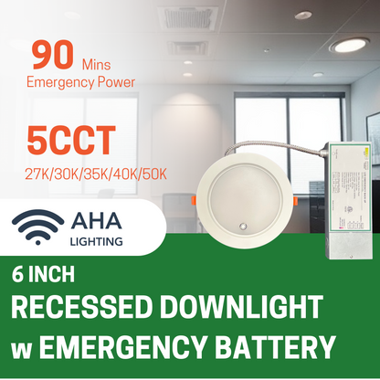 6" 16W ULTRA SLIM LED DOWNLIGHT, 2700K/3000K/3500K/4000K/5000K CCT TUNABLE, 10W EMERGENCY BATTERY BACKUP, 100-277V (2-PACK) - AHA Lighting LED