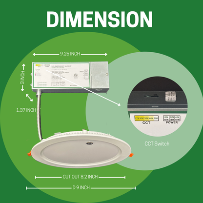 8" 18W ULTRA SLIM LED DOWNLIGHT, 2700K/3000K/3500K/4000K/5000K CCT TUNABLE, 10W EMERGENCY BATTERY BACKUP, 100-277V (2-PACK) - AHA Lighting LED